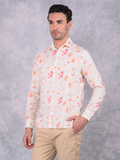 Orange Floral Print Linen Shirt-Men Shirts-Crimsoune Club