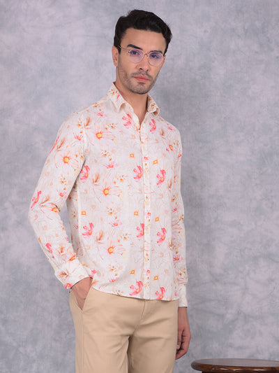 Orange Floral Print Linen Shirt-Men Shirts-Crimsoune Club