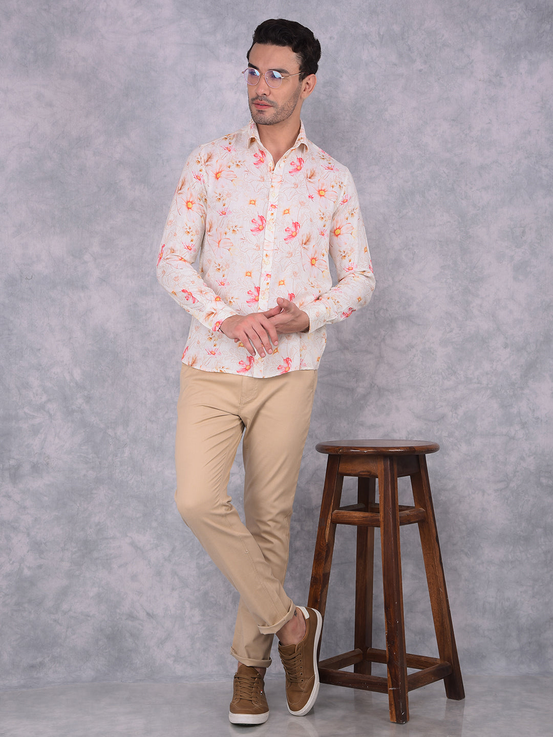 Orange Floral Print Linen Shirt-Men Shirts-Crimsoune Club