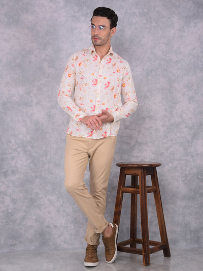 Orange Floral Print Linen Shirt-Men Shirts-Crimsoune Club