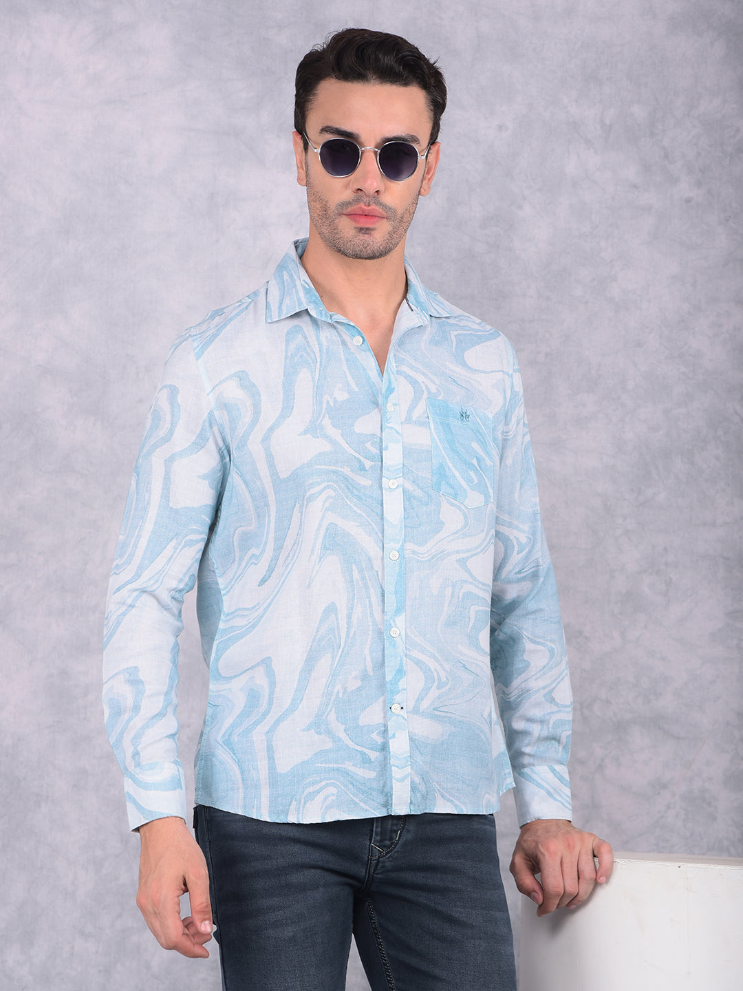 Blue Printed Linen Shirt-Men Shirts-Crimsoune Club