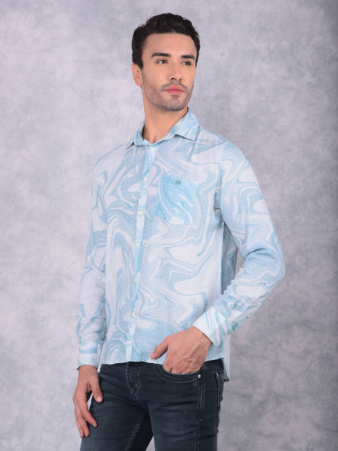 Blue Printed Linen Shirt-Men Shirts-Crimsoune Club