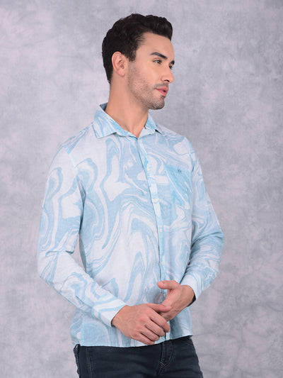 Blue Printed Linen Shirt-Men Shirts-Crimsoune Club