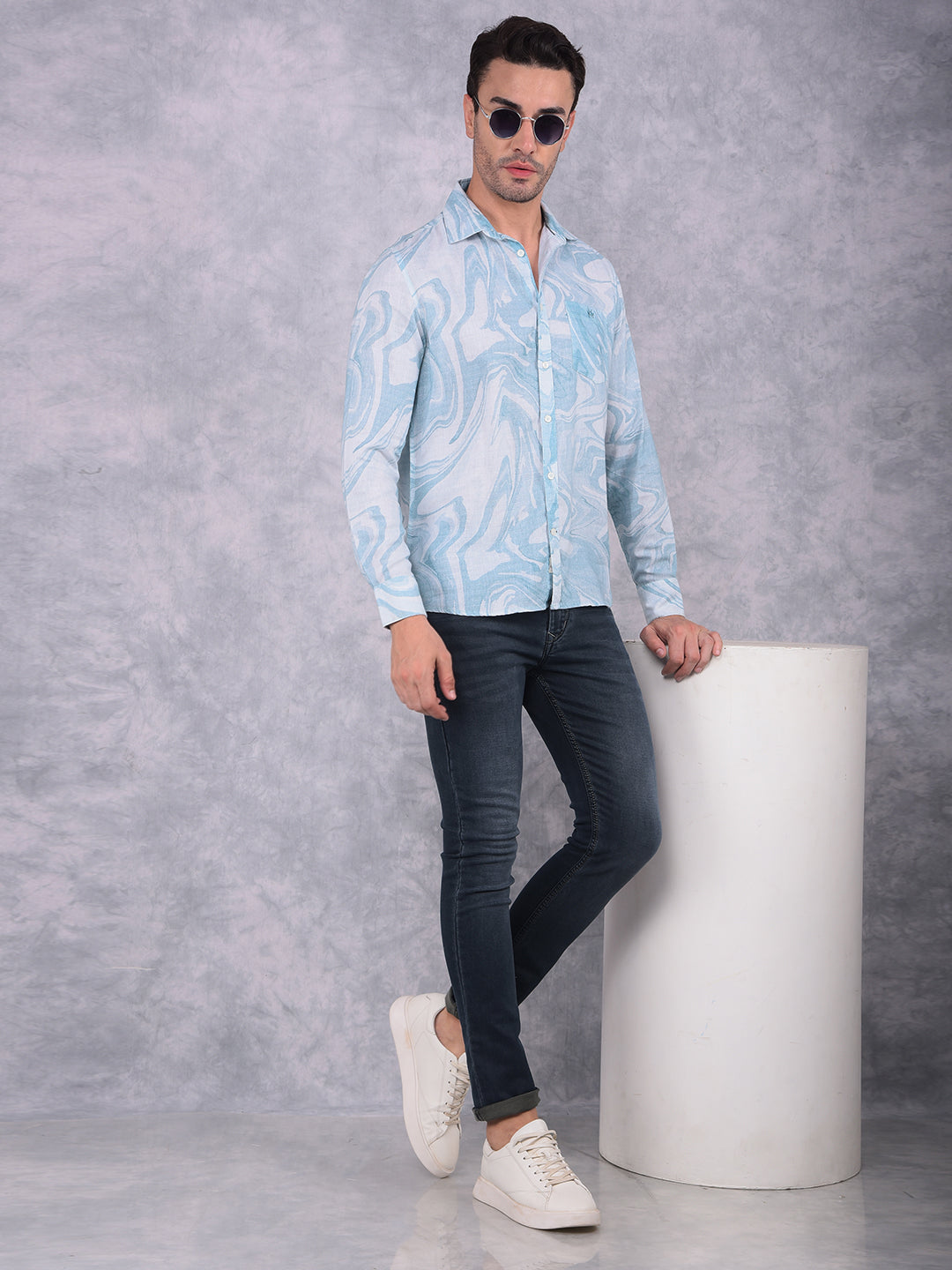 Blue Printed Linen Shirt-Men Shirts-Crimsoune Club