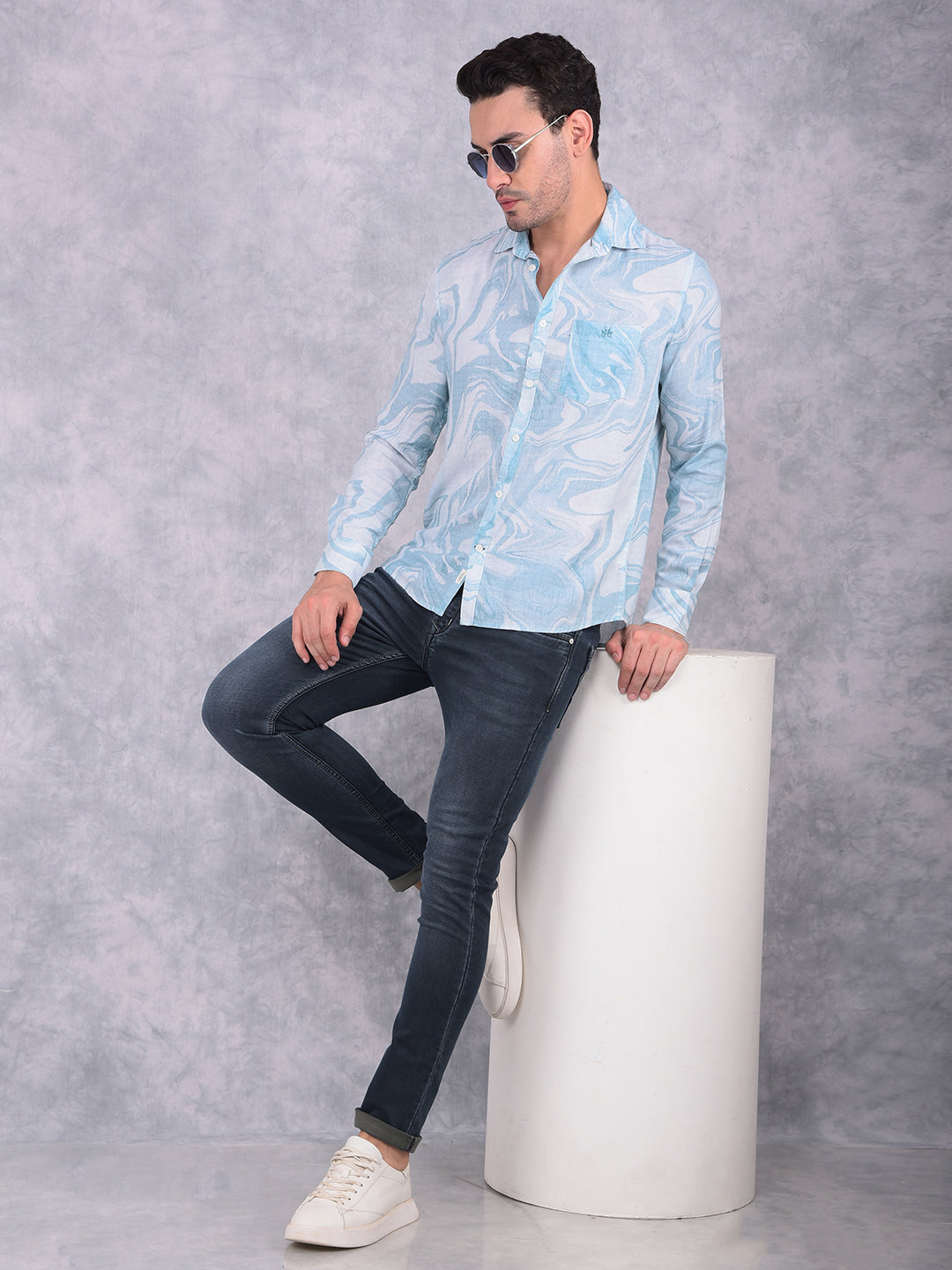 Blue Printed Linen Shirt-Men Shirts-Crimsoune Club