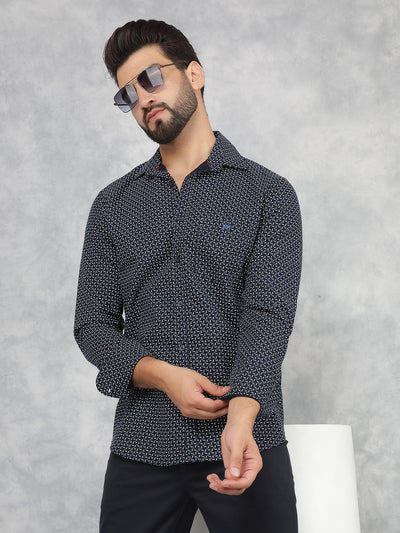 Navy Blue Printed 100% Cotton Shirt-Men Shirts-Crimsoune Club