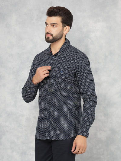 Navy Blue Printed 100% Cotton Shirt-Men Shirts-Crimsoune Club