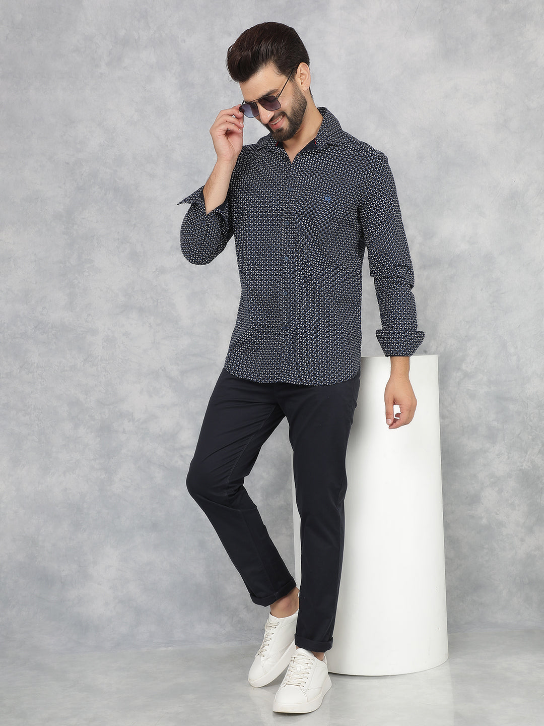 Navy Blue Printed 100% Cotton Shirt-Men Shirts-Crimsoune Club