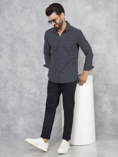 Navy Blue Printed 100% Cotton Shirt-Men Shirts-Crimsoune Club