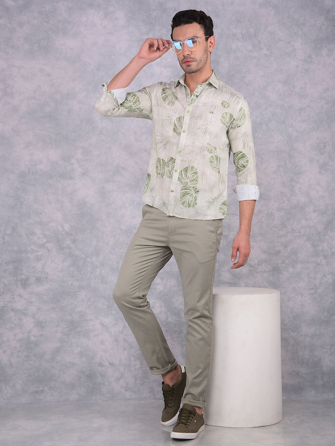 Olive Floral Print Linen Shirt-Men Shirts-Crimsoune Club