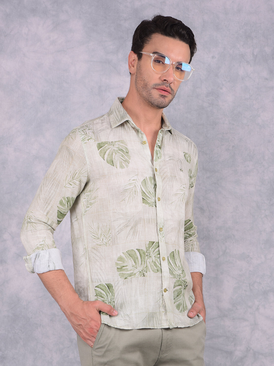 Olive Floral Print Linen Shirt-Men Shirts-Crimsoune Club