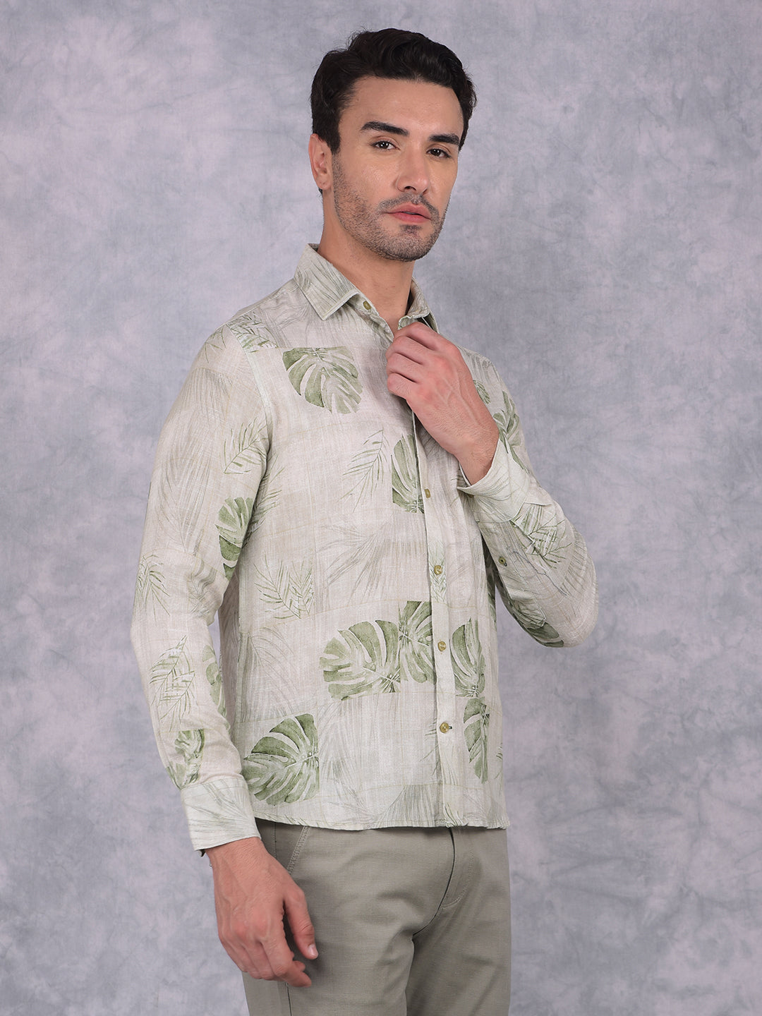 Olive Floral Print Linen Shirt-Men Shirts-Crimsoune Club