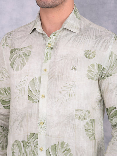 Olive Floral Print Linen Shirt-Men Shirts-Crimsoune Club