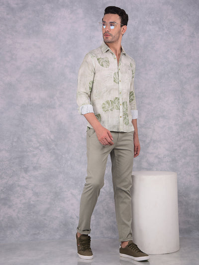 Olive Floral Print Linen Shirt-Men Shirts-Crimsoune Club