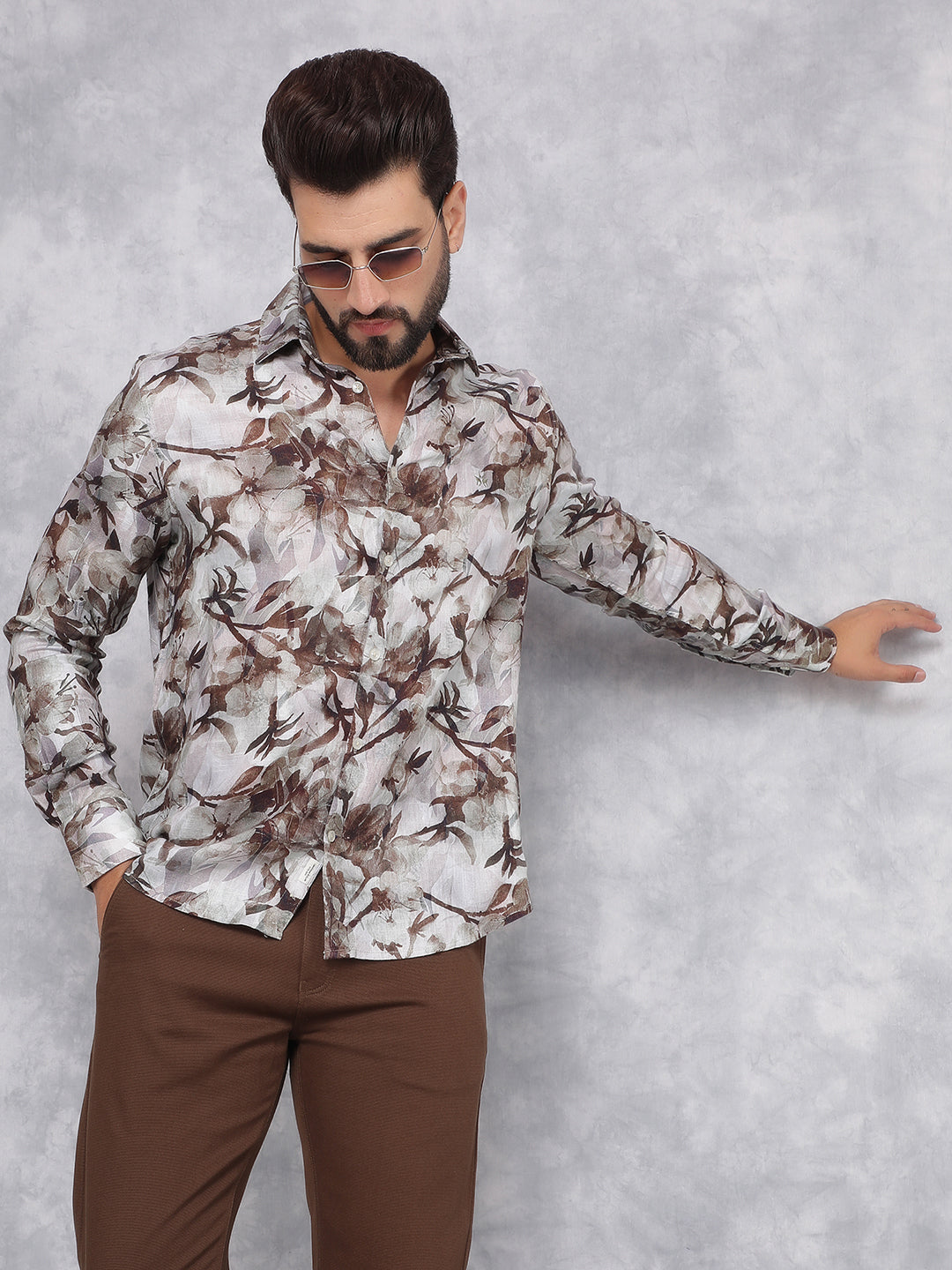 Brown Floral Print Linen Shirt-Men Shirts-Crimsoune Club