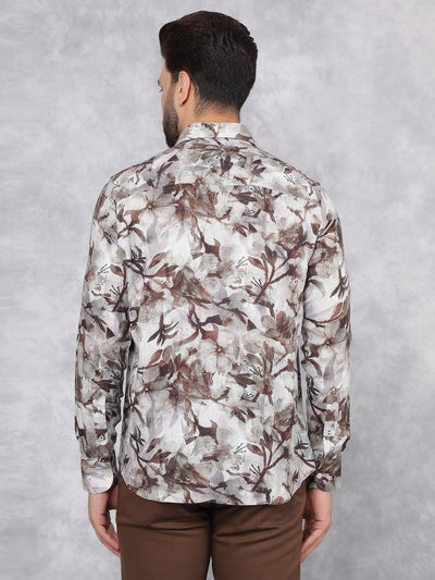 Brown Floral Print Linen Shirt-Men Shirts-Crimsoune Club