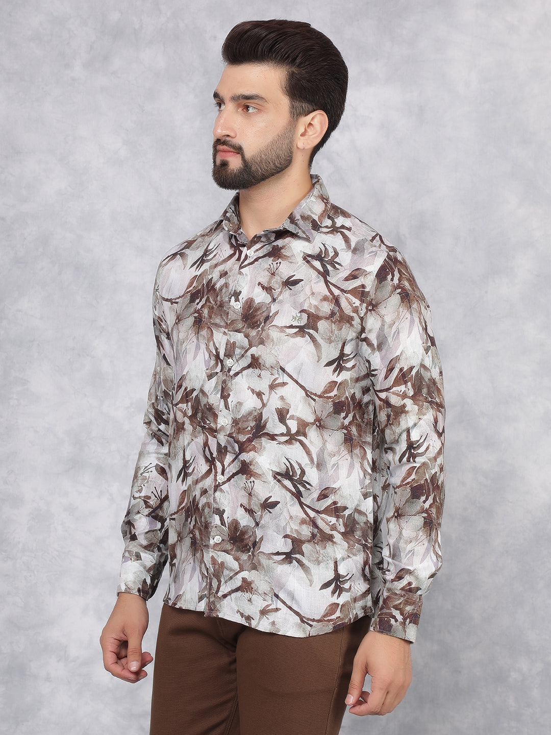 Brown Floral Print Linen Shirt-Men Shirts-Crimsoune Club