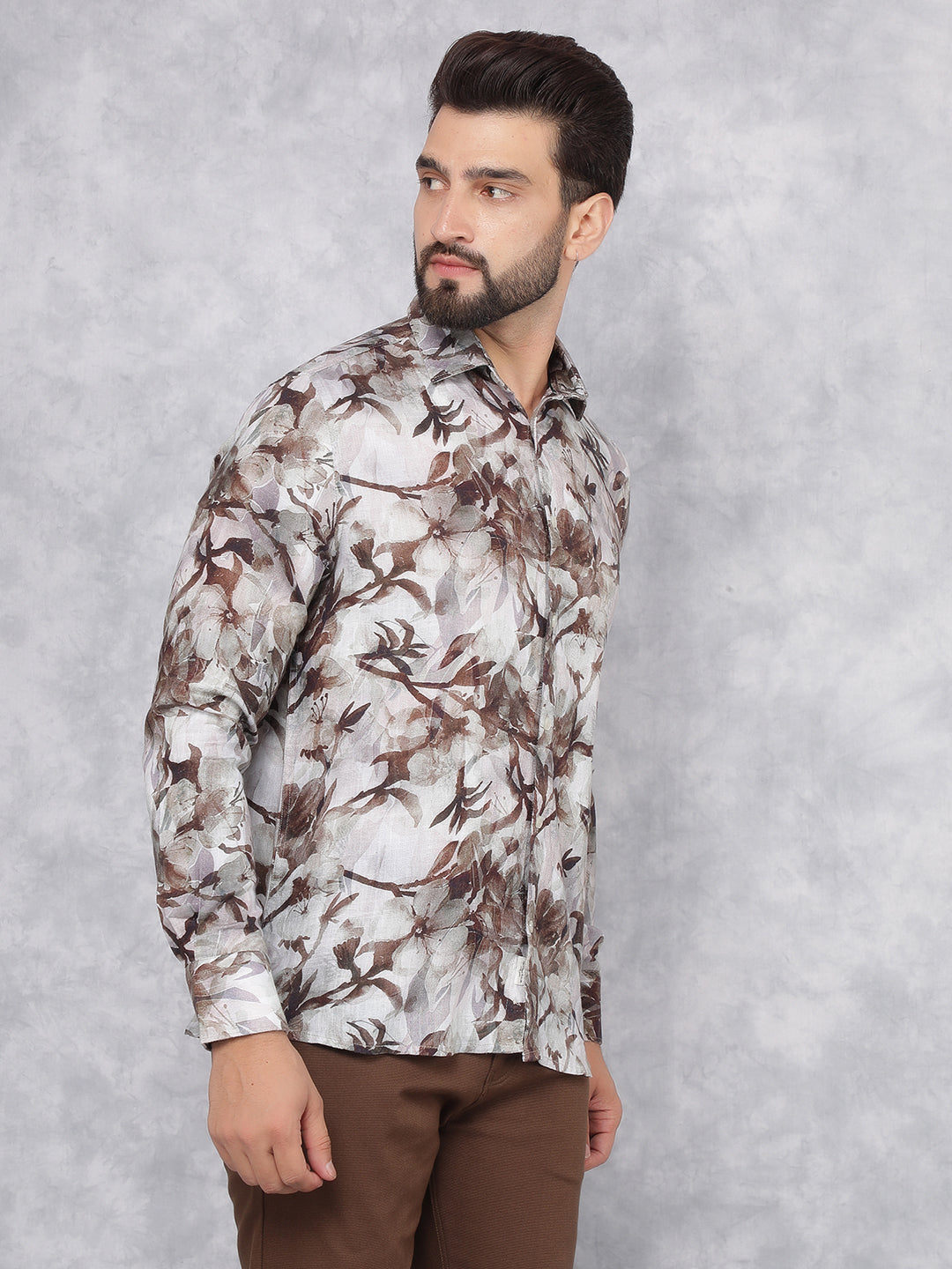 Brown Floral Print Linen Shirt-Men Shirts-Crimsoune Club