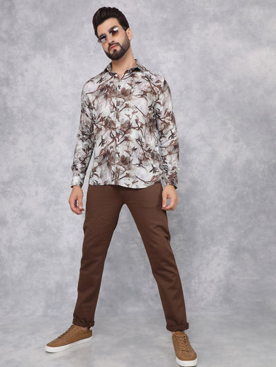 Brown Floral Print Linen Shirt-Men Shirts-Crimsoune Club