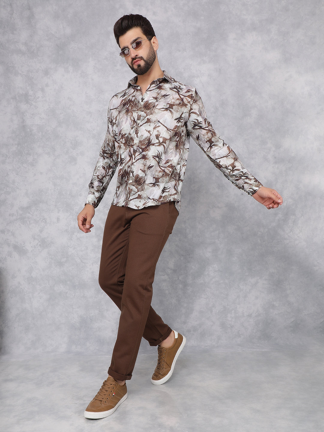 Brown Floral Print Linen Shirt-Men Shirts-Crimsoune Club