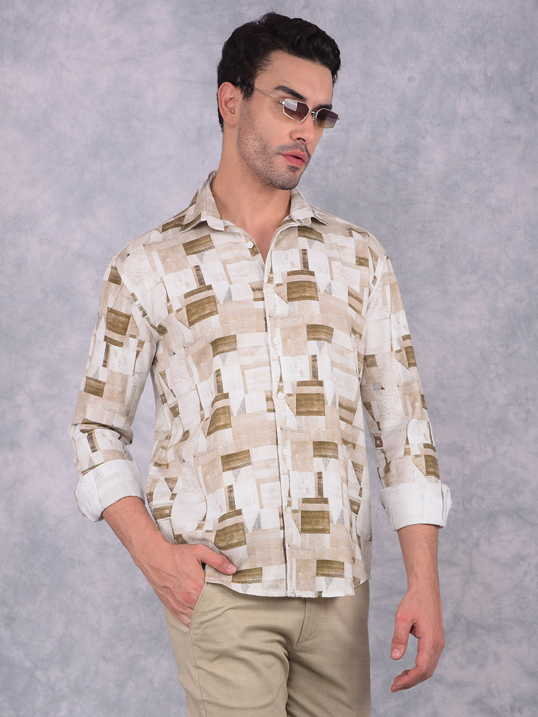 Brown Printed 100% Cotton Shirt-Men Shirts-Crimsoune Club