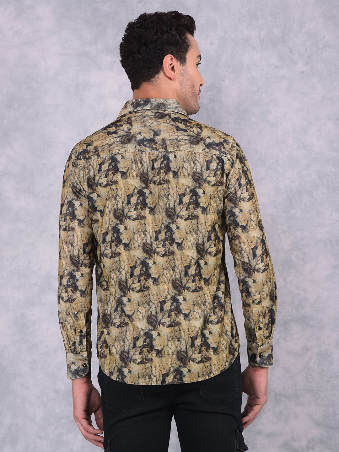 Brown Floral Print 100% Cotton Corduroy Shirt-Men Shirts-Crimsoune Club