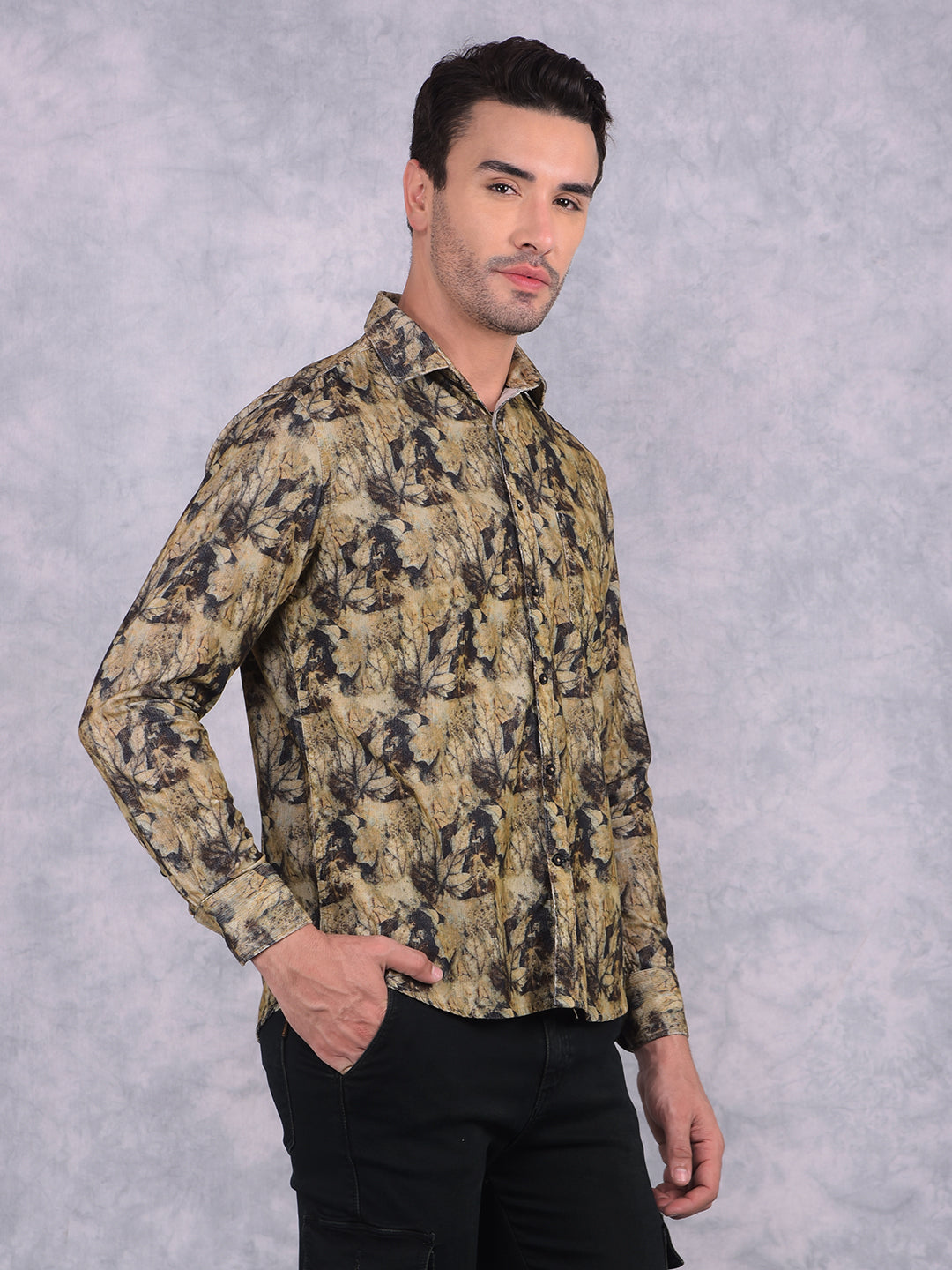 Brown Floral Print 100% Cotton Corduroy Shirt-Men Shirts-Crimsoune Club