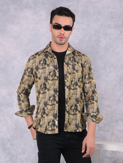 Brown Floral Print 100% Cotton Corduroy Shirt-Men Shirts-Crimsoune Club