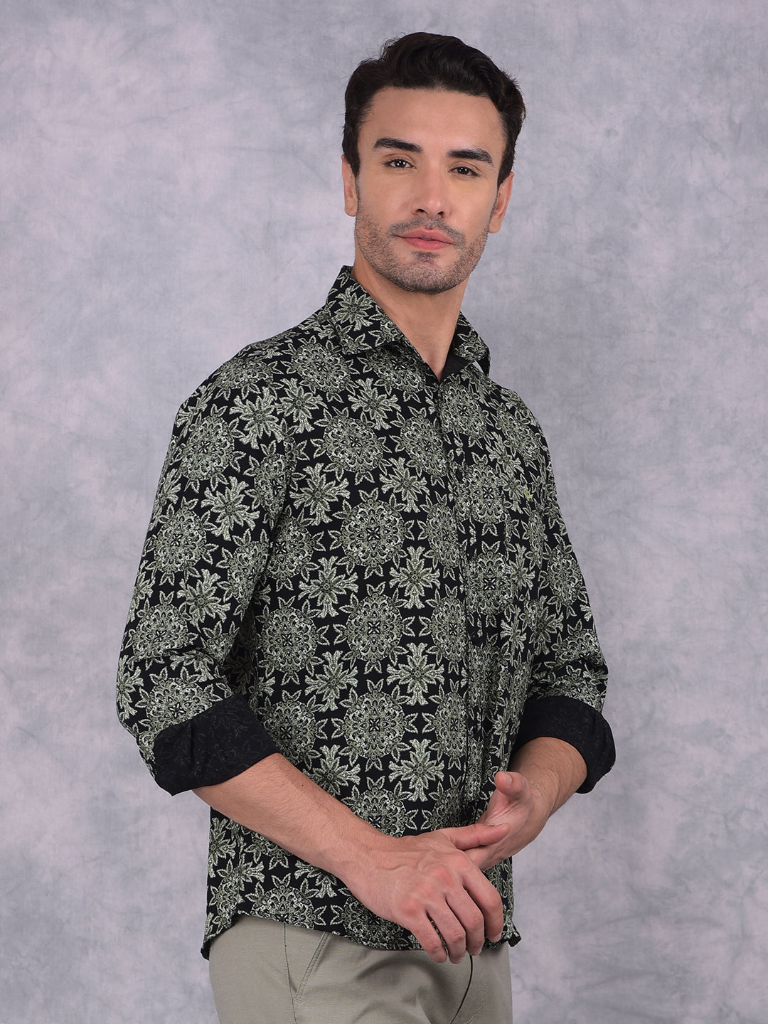 Green Floral Print 100% Cotton Shirt-Men Shirts-Crimsoune Club