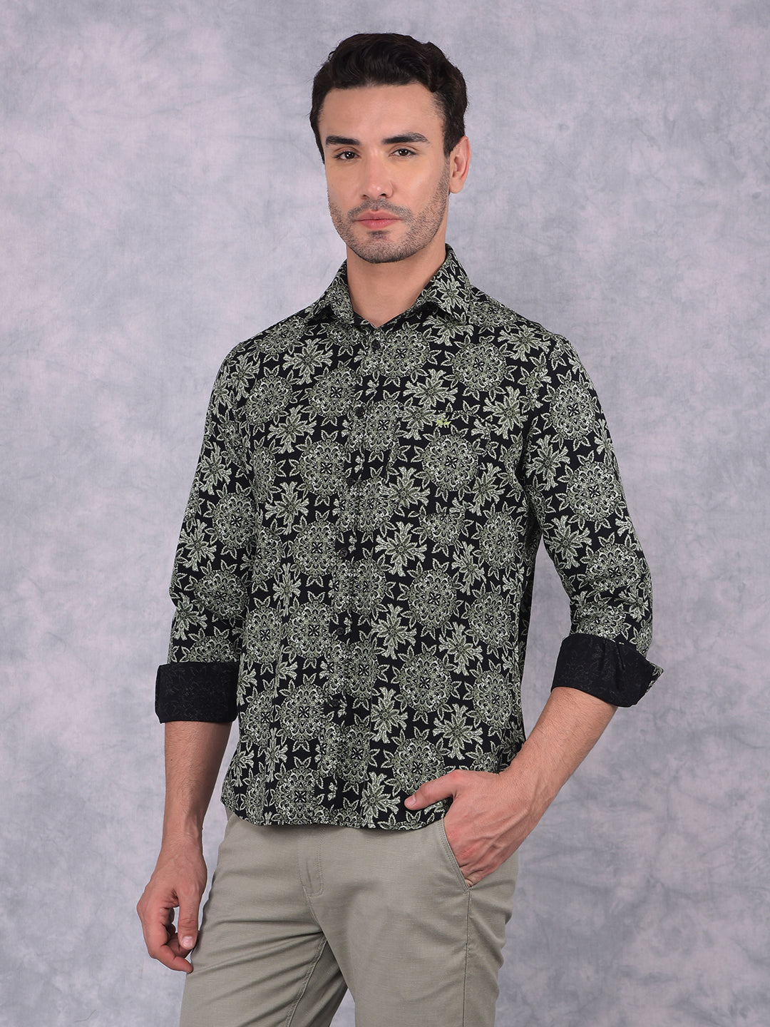 Green Floral Print 100% Cotton Shirt-Men Shirts-Crimsoune Club