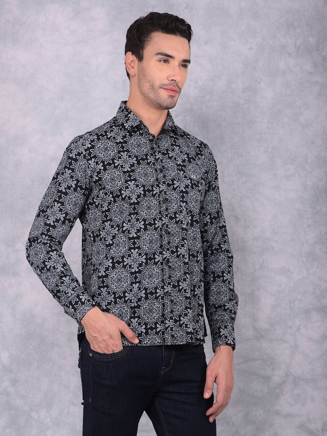 Grey Floral Print 100% Cotton Shirt-Men Shirts-Crimsoune Club