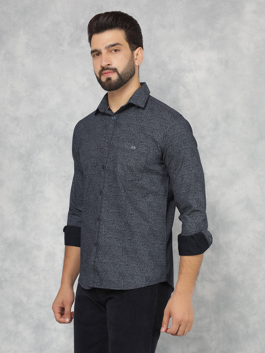 Navy Blue Printed 100% Cotton Shirt-Men Shirts-Crimsoune Club