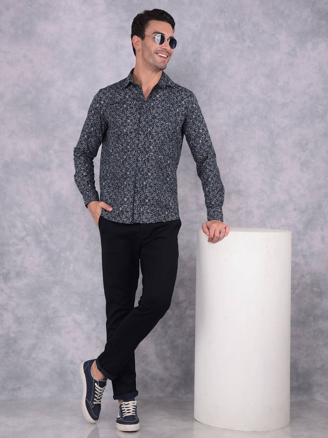 Navy Blue Printed 100% Cotton Shirt-Men Shirts-Crimsoune Club