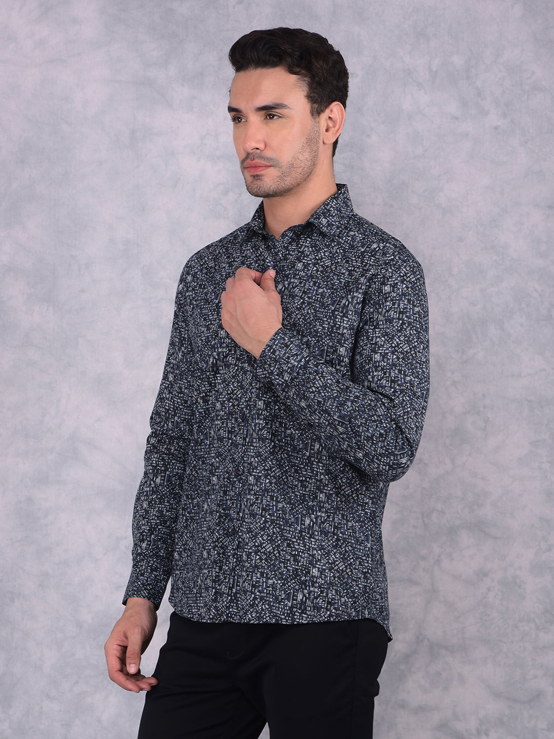 Navy Blue Printed 100% Cotton Shirt-Men Shirts-Crimsoune Club