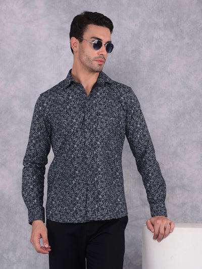 Navy Blue Printed 100% Cotton Shirt-Men Shirts-Crimsoune Club