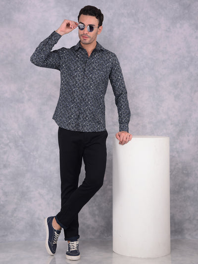 Navy Blue Printed 100% Cotton Shirt-Men Shirts-Crimsoune Club