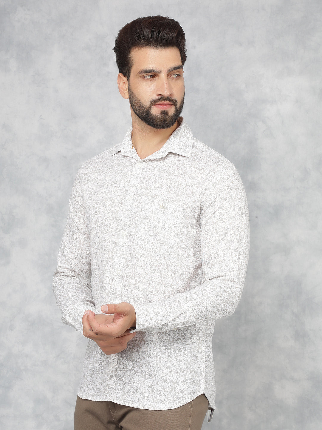 Beige Printed Shirt-Men Shirts-Crimsoune Club