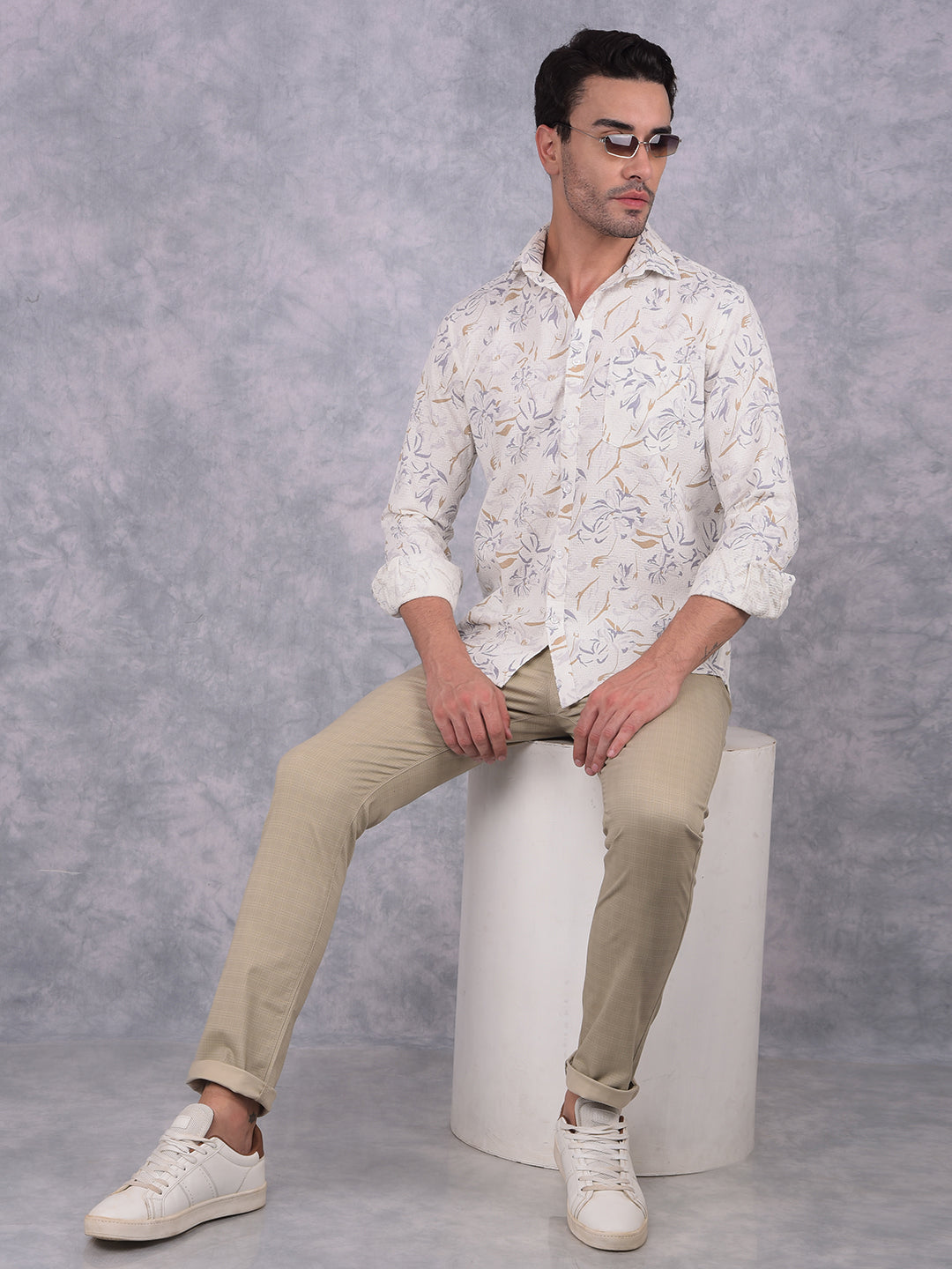 Off White Floral Print 100% Cotton Knitted Shirt-Men Shirts-Crimsoune Club