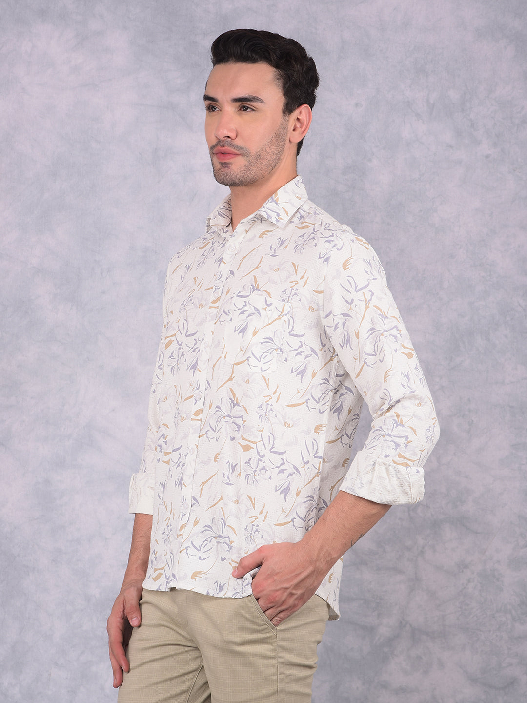 Off White Floral Print 100% Cotton Knitted Shirt-Men Shirts-Crimsoune Club