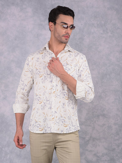 Off White Floral Print 100% Cotton Knitted Shirt-Men Shirts-Crimsoune Club