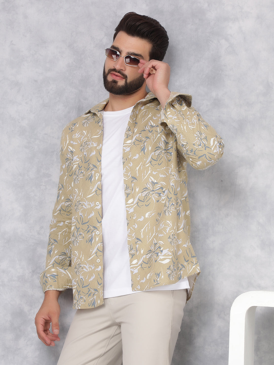 Beige Floral Print Shirt-Men Shirts-Crimsoune Club