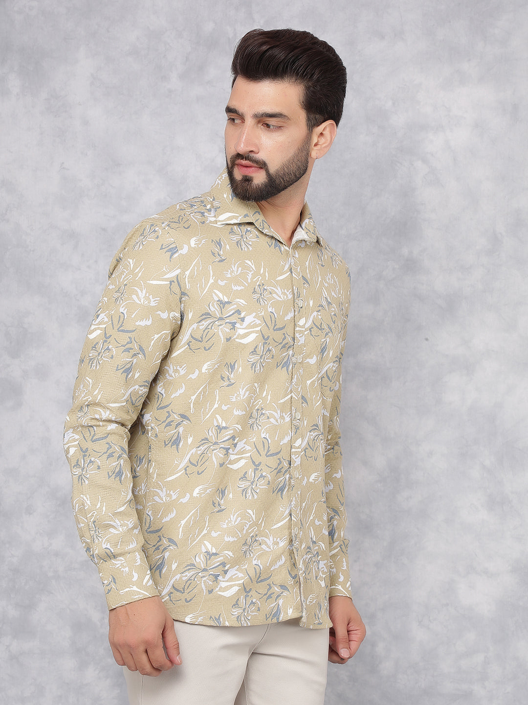 Beige Floral Print Shirt-Men Shirts-Crimsoune Club