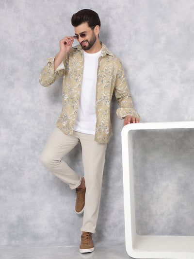 Beige Floral Print Shirt-Men Shirts-Crimsoune Club