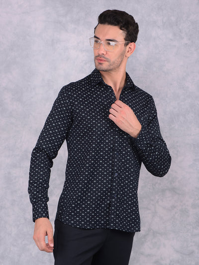 Navy Blue Floral Print 100% Cotton Shirt-Men Shirts-Crimsoune Club