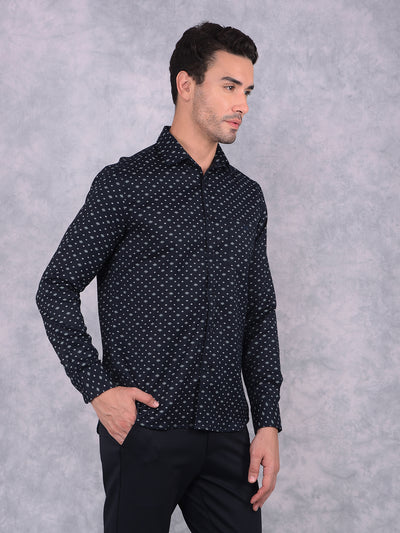 Navy Blue Floral Print 100% Cotton Shirt-Men Shirts-Crimsoune Club