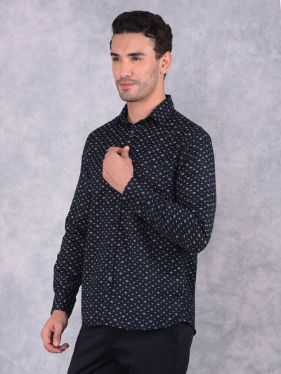 Navy Blue Floral Print 100% Cotton Shirt-Men Shirts-Crimsoune Club