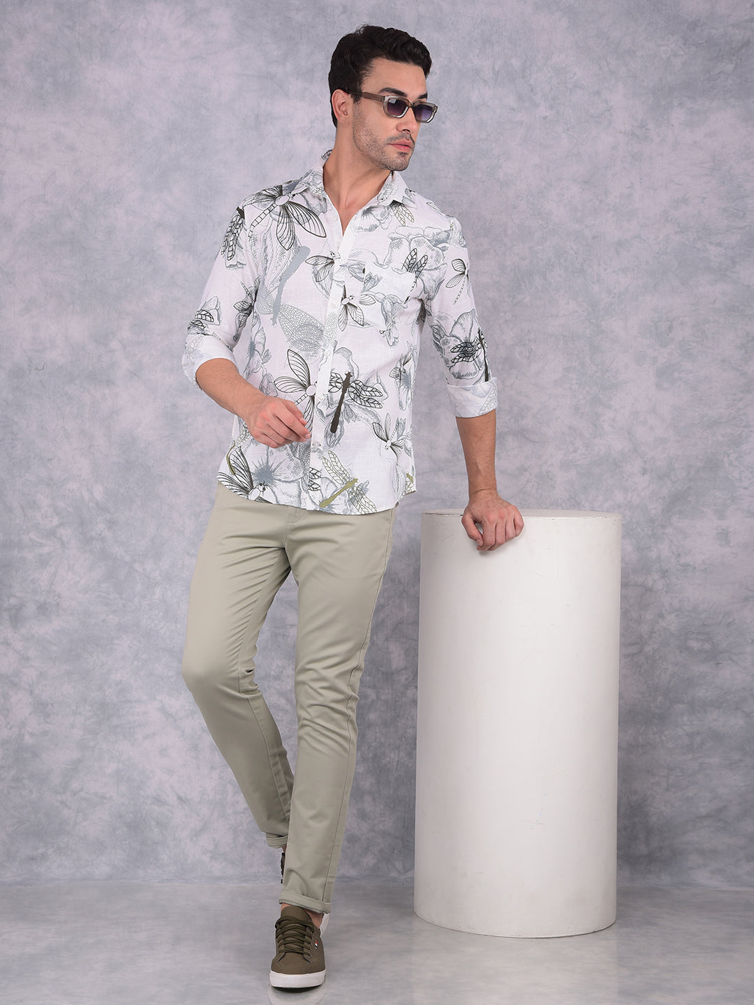 White Floral Print Linen Shirt-Men Shirts-Crimsoune Club