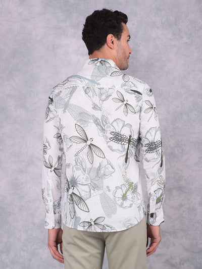 White Floral Print Linen Shirt-Men Shirts-Crimsoune Club