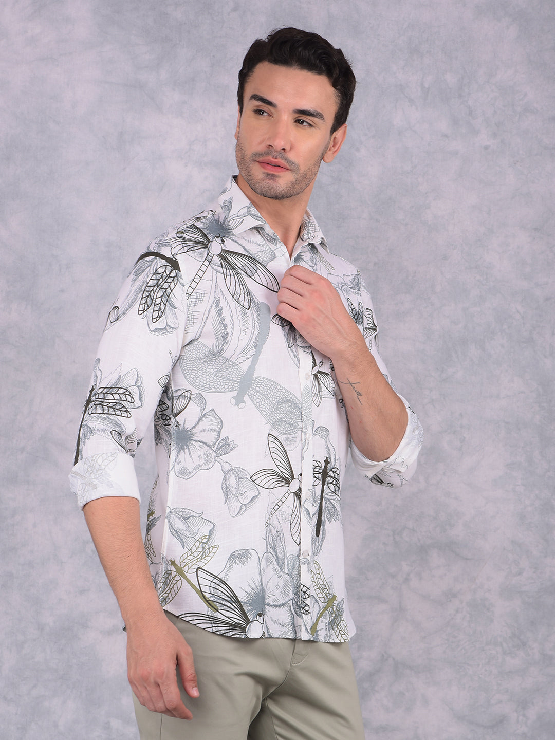 White Floral Print Linen Shirt-Men Shirts-Crimsoune Club