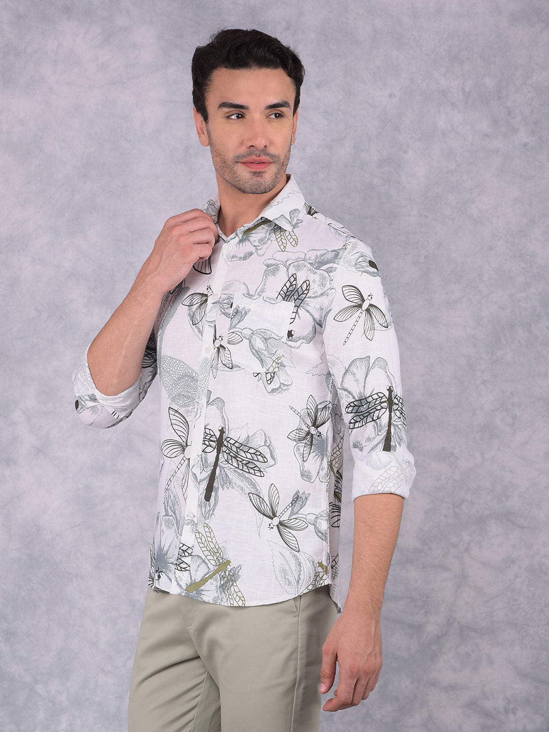 White Floral Print Linen Shirt-Men Shirts-Crimsoune Club